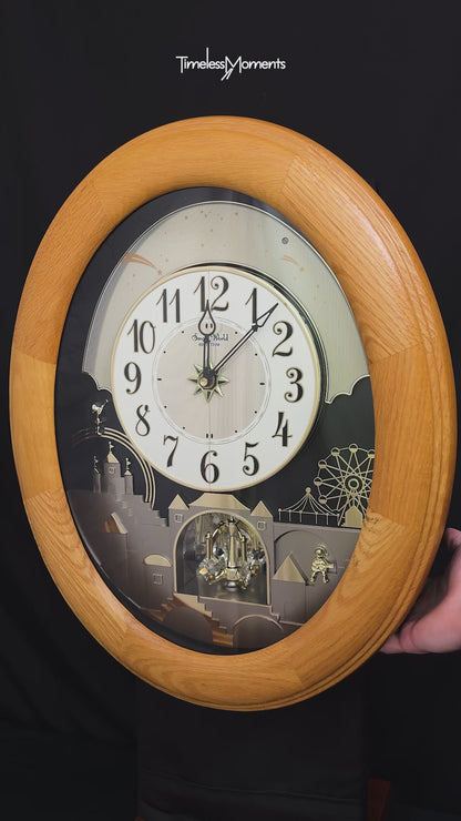 Rhythm "Timecracker Golden Oak" Moving Dial Magic Motion Musical Wooden Wall Clock with Popular Melodies - 4MH782-R07