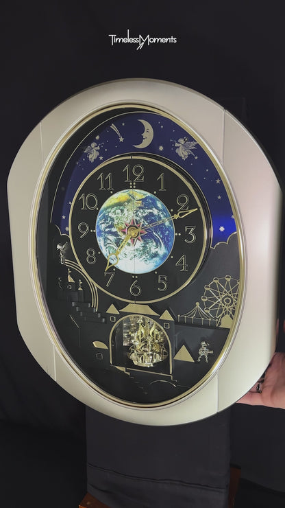 Rhythm “Peaceful Cosmos” Moving Earth Dial Magic Motion Musical Wall Clock with Popular Melodies - 4MH751AR19