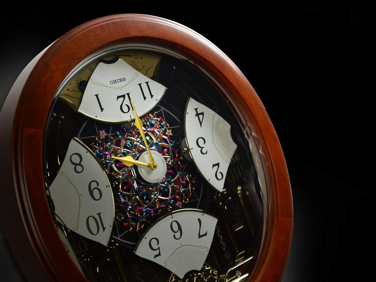 Seiko QXM383BRH "Midnight Royale" Melodies in Motion Musical Wooden Wall Clock with Animated Moving Dial & 12 Songs