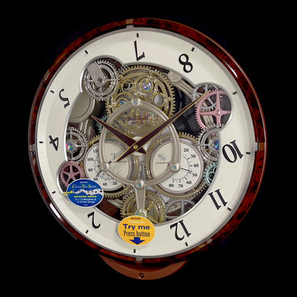 Rhythm “Widget (Woodgrain)” Skeletonized Dial Magic Motion Musical Wall Clock with Moving Gears - 4MH886WU23